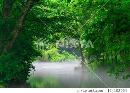 釣魚/河釣圖片：富士山腳下的忍野村，籠罩在河霧中 124102964