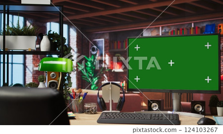 Green screen computer monitor on wooden desk in modern and stylish home workspace. Panning shot of table in home office with mockup PC display keyboard, mouse, headphones and green lamp Green screen computer monitor on wooden desk in modern and stylish home workspace. Panning shot of table in home office with mockup PC display keyboard, mouse, headphones and green lamp 124103267