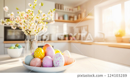 Easter eggs on green glass dish on a table in a modern kitchen. Vase with yellow flowers of a blooming mimosa in the warm light Easter decor for home. This is AI-generated item Easter eggs on green glass dish on a table in a modern kitchen. Vase with yellow flowers of a blooming mimosa in the warm light Easter decor for home. This is AI-generated item 124103289