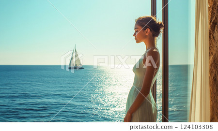 A beautiful thoughtful elegant woman standing near an open window overlooking a calm blue sea in summer. Summertime vacation. Banner for travel agency This is AI-generated item 124103308