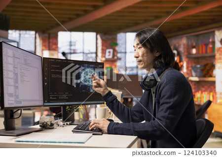 CTO manager in artificial intelligence focused startup designing, coding and debugging applications in different software languages. Chief technician officer doing code testing and quality assurance 124103340