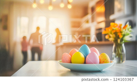 Easter eggs on a table in a kitchen. Vase with orange flowers and blurred silhouettes of family on background. Easter decor for home. People indoors. This is AI-generated item 124103367