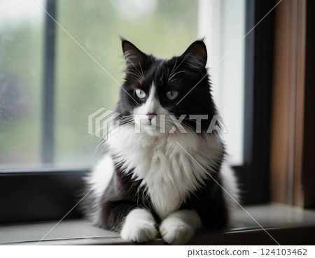 A delightful black and white cat rests on the windowsill, its striking fur glistening in the soft sunlight as it gazes outside at the green scenery, lost in contemplation Generative AI A delightful black and white cat rests on the windowsill, its striking fur glistening in the soft sunlight as it gazes outside at the green scenery, lost in contemplation Generative AI 124103462