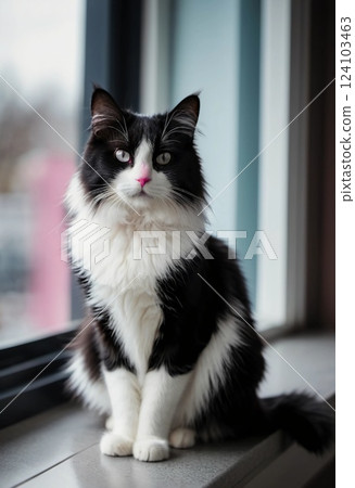 With its striking black and white fur, the cat sits elegantly on a windowsill, gazing out at the vibrant scene beyond, lost in thought as the soft afternoon light filters in Generative AI 124103463