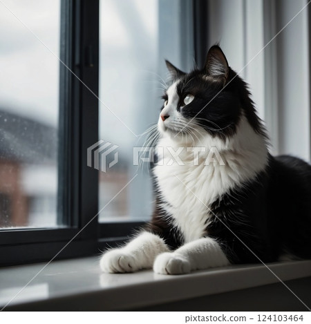 A black and white cat rests on a windowsill, gazing outside with curiosity. Soft raindrops create a soothing backdrop as it enjoys this peaceful moment indoors during a cloudy day Generative AI A black and white cat rests on a windowsill, gazing outside with curiosity. Soft raindrops create a soothing backdrop as it enjoys this peaceful moment indoors during a cloudy day Generative AI 124103464