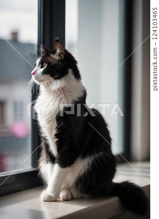 Seated gracefully on a windowsill, a black and white cat watches the outside world with keen interest. Soft sunlight filters through, casting tranquil shadows in the room Generative AI Seated gracefully on a windowsill, a black and white cat watches the outside world with keen interest. Soft sunlight filters through, casting tranquil shadows in the room Generative AI 124103465