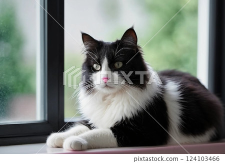 A black and white cat lounges peacefully on a sunlit windowsill, gazing outside with curious eyes. The serene setting highlights its fluffy coat and playful demeanor Generative AI A black and white cat lounges peacefully on a sunlit windowsill, gazing outside with curious eyes. The serene setting highlights its fluffy coat and playful demeanor Generative AI 124103466