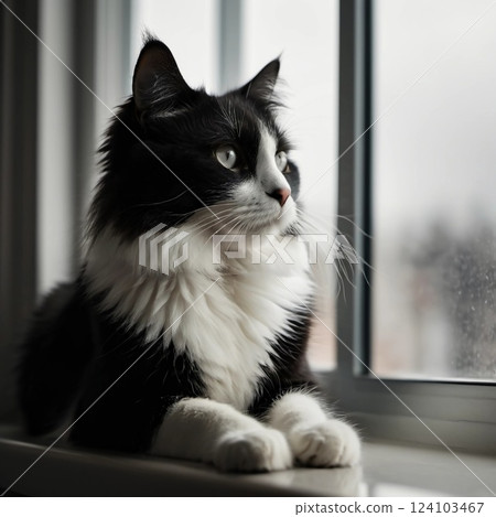 Black and white cat rests its front paws on a windowsill, gazing intently outside. Soft light filters through the glass, highlighting the feline's striking features and fluffy coat Generative AI Black and white cat rests its front paws on a windowsill, gazing intently outside. Soft light filters through the glass, highlighting the feline's striking features and fluffy coat Generative AI 124103467