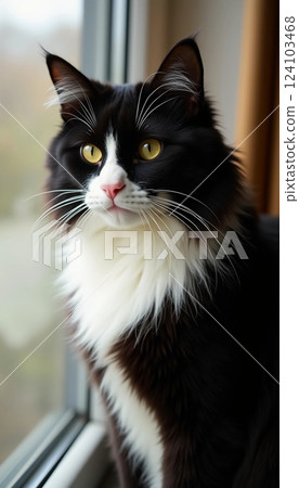 A striking black and white cat sits by the window, its bright emerald eyes focused on the world outside. Sunlight filters in, highlighting its fluffy fur while time flows gently by Generative AI 124103468