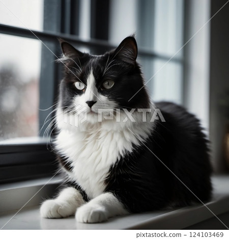In a cozy room, a black and white cat sits gracefully by a window, intently watching the rain fall outside. The soft light casts an enchanting glow on its fur Generative AI In a cozy room, a black and white cat sits gracefully by a window, intently watching the rain fall outside. The soft light casts an enchanting glow on its fur Generative AI 124103469