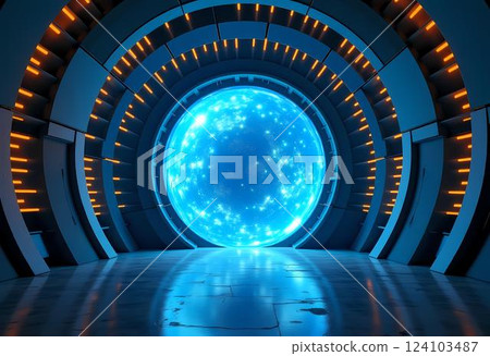 A stunning circular portal radiates bright blue light, surrounded by a modern, futuristic structure. Illuminated pathways hint at journeys into a mystical realm beyond Generative AI 124103487