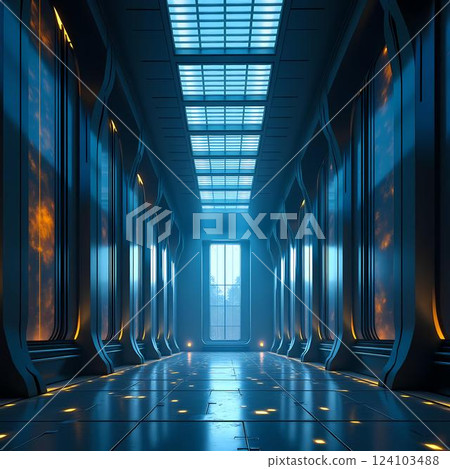 Illuminated by soft blue light, the corridor opens to a stunning portal, hinting at adventures beyond. The walls glow with ethereal energy, inviting exploration Generative AI 124103488