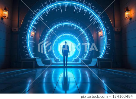 A solitary figure stands before a glowing portal, surrounded by swirling energy patterns. The atmosphere is filled with anticipation as realms await beyond the vibrant blue gateway Generative AI 124103494