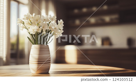 White freesia flowers in a vase made of natural striped agate stone beige brown shades stands on a wooden table on a modern kitchen in natural light.  This is AI-generated item 124103512