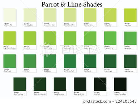 Color Palette 27 Parrot and Lime - 3d Green, Yellow, Cool Light Tones - with HEX Codes and Names, Colour Swatches, Scheme and Combinations 124103545