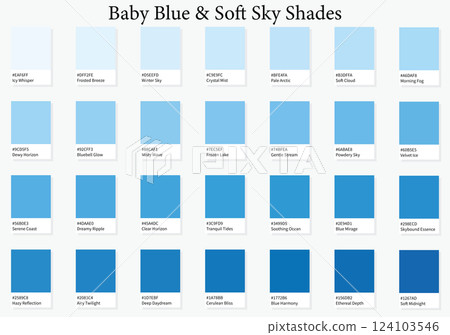 Color Palette 28 Baby Blue and Sky Tones - 3d Light Cool Colours - with HEX Codes and Names, Colour Scheme and Combinations 124103546