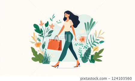 A young woman carrying a bag in her hand walking down the street in the park side view. Eco-friendly lifestyle. Happy self-confident girl on nature.  This is AI-generated item 124103560