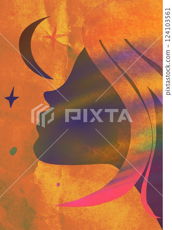 Dreamy young girl in profile looks up at the night sky and shining stars. Female portrait on a bright orange background. Vertical poster with a beauty 124103561