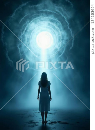A figure stands at the entrance of a radiant tunnel, surrounded by swirling mist and soft light. The ambiance is tranquil, evoking a sense of peace and transcendence Generative AI A figure stands at the entrance of a radiant tunnel, surrounded by swirling mist and soft light. The ambiance is tranquil, evoking a sense of peace and transcendence Generative AI 124103694
