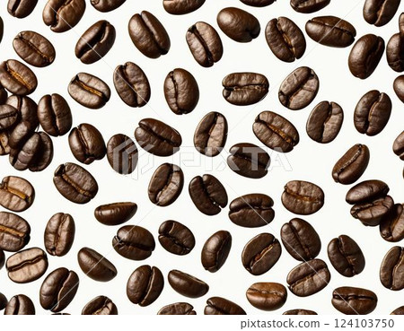 Richly roasted coffee beans lie scattered across a pristine white background, ready to be brewed into that perfect cup of morning delight any time you desire Generative AI 124103750