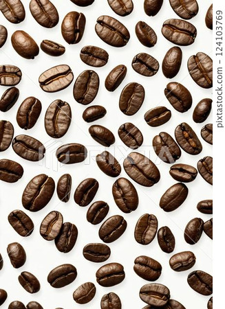 Rich, beautifully roasted coffee beans spread across a clean white surface showcase their deep brown hues and glossy texture, inviting coffee lovers to indulge in their flavor Generative AI 124103769