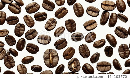 An assortment of glossy, roasted coffee beans spreads across a clean white background, highlighting their rich textures and colors, inviting coffee lovers to savor their essence Generative AI 124103770