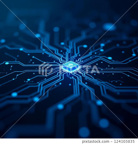 A stunning view features a central microchip amid glowing blue circuit patterns, representing advancements in artificial intelligence technology Generative AI A stunning view features a central microchip amid glowing blue circuit patterns, representing advancements in artificial intelligence technology Generative AI 124103835