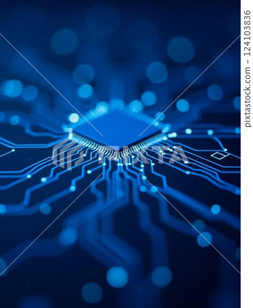 Vibrant blue lines radiate from a central microchip, symbolizing the complex connections that drive artificial intelligence innovations and technological advancements Generative AI 124103836