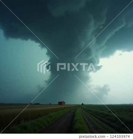 A swirling tornado looms ominously over a vast landscape, casting an eerie light across the fields as storm clouds gather and tension fills the air with anticipation Generative AI 124103974