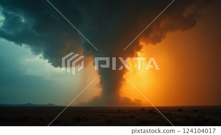 Dark storm clouds swirl ominously as a powerful tornado descends, merging dramatic lightning and a fiery sky, striking fear and awe amid the vast landscape Generative AI Dark storm clouds swirl ominously as a powerful tornado descends, merging dramatic lightning and a fiery sky, striking fear and awe amid the vast landscape Generative AI 124104017