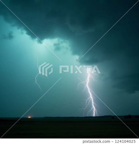 Amidst swirling clouds, striking bolts of lightning illuminate the twilight sky, revealing the raw energy of a tornado storm in a remote landscape during an ominous evening Generative AI Amidst swirling clouds, striking bolts of lightning illuminate the twilight sky, revealing the raw energy of a tornado storm in a remote landscape during an ominous evening Generative AI 124104025