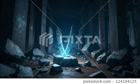 A mysterious sword shining in the center of the ruins 124104125