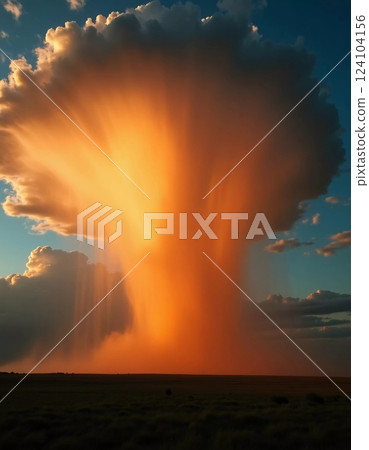 Dark clouds swirl ominously, releasing torrents of rain while illuminated by the warm glow of the setting sun, creating a breathtaking display of nature's forces Generative AI 124104156