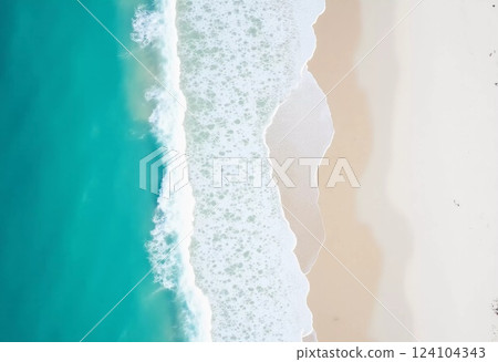 Gentle waves roll in rhythmically, touching the soft, white sand along a serene shore illuminated by the bright sun, inviting relaxation and tranquility Generative AI 124104343