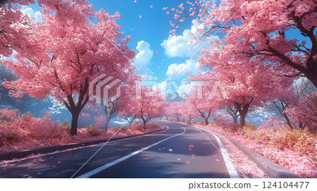 Spring break road trip. Scenic spring break road trip with cherry blossoms in full bloom Spring break road trip. Scenic spring break road trip with cherry blossoms in full bloom 124104477