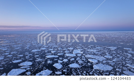 Drift ice around Lake Saroma, Hokkaido February 24, 2025 Sunset around the brackish lake Abashiri drift-ice 124104483