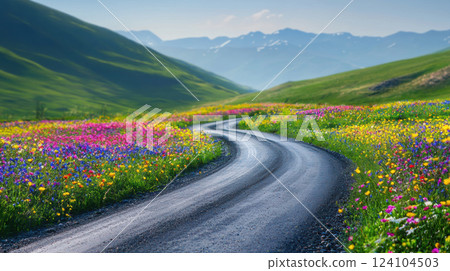 Spring break road trip. winding road through vibrant spring wildflowers and lush green hills Spring break road trip. winding road through vibrant spring wildflowers and lush green hills 124104503