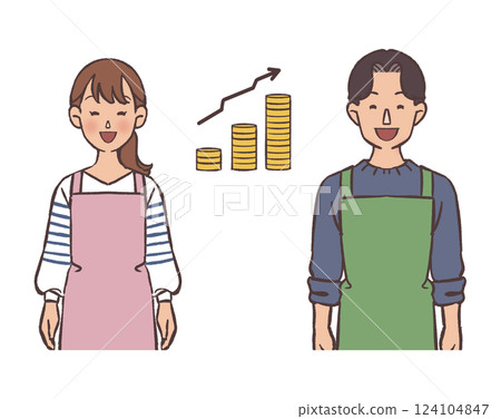 穿著圍裙的男人和女人思考金錢 124104847