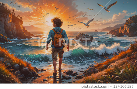 Man is walking on a beach with a backpack. The sky is orange and the water is blue Man is walking on a beach with a backpack. The sky is orange and the water is blue 124105185