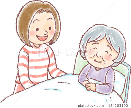 Illustration of a middle-aged daughter supporting her elderly mother_Nursing care 124105190