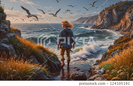 Man is walking on a beach with a group of seagulls flying in the background. The scene is serene and peaceful, with the man enjoying the beauty of the ocean and the birds Man is walking on a beach with a group of seagulls flying in the background. The scene is serene and peaceful, with the man enjoying the beauty of the ocean and the birds 124105191