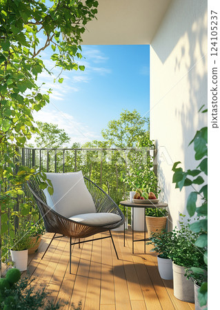 A relaxing space on a small balcony surrounded by greenery 124105237