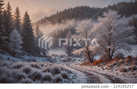 Serene winter landscape with a snow-covered road and trees. The snow-covered ground and trees create a peaceful and tranquil atmosphere 124105257