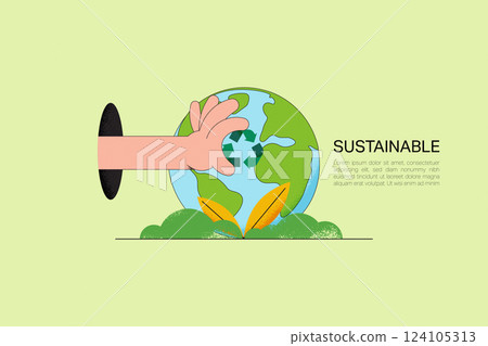 Save Energy. Hand holding Recycle symbol and Earth Globe on background. The concept of sustainable development for business, ecology and environment. Flat vector illustration. 124105313