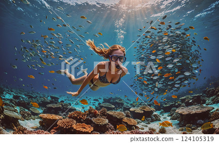 Woman is swimming in the ocean with a large school of fish swimming around her. The scene is lively and full of energy, with the woman and the fish both enjoying the water 124105319