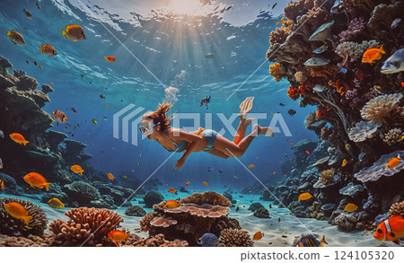 Woman is swimming in the ocean with many fish around her. The water is clear and the sun is shining brightly 124105320