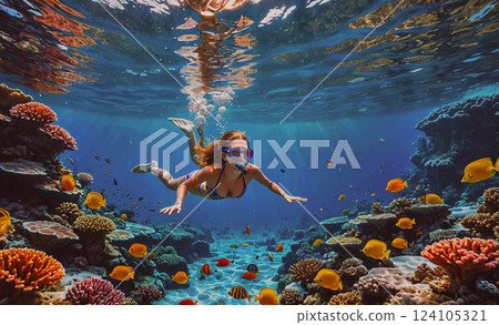 Woman is swimming in the ocean with many fish around her. The water is clear and blue, and the fish are colorful. The scene is peaceful and serene, and it conveys a sense of relaxation and enjoyment 124105321
