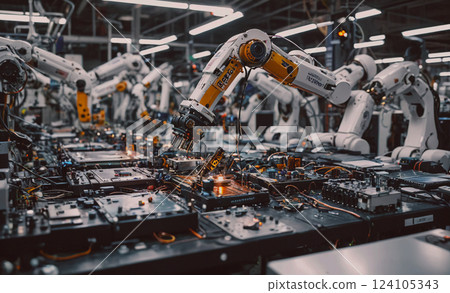 Factory with many robots working on a computer chip. The robots are white and yellow. Scene is industrial and mechanical 124105343