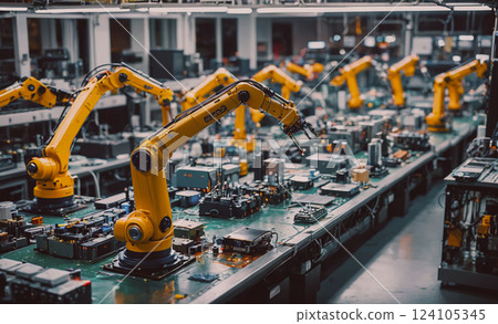 Factory with many robots on a table. The robots are yellow and are working on a project 124105345
