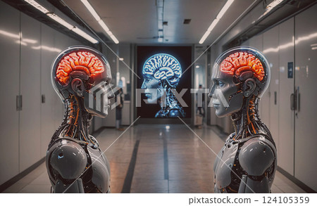 Two robots with human heads and a brain on a wall. The robots are facing each other. The robots are made of metal and have a futuristic look 124105359